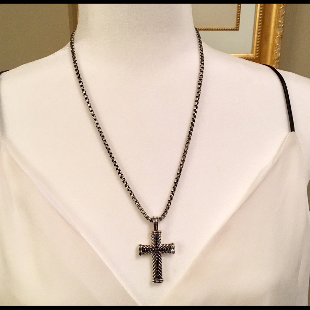 David Yurman Black Diamond Silver Cross Necklace